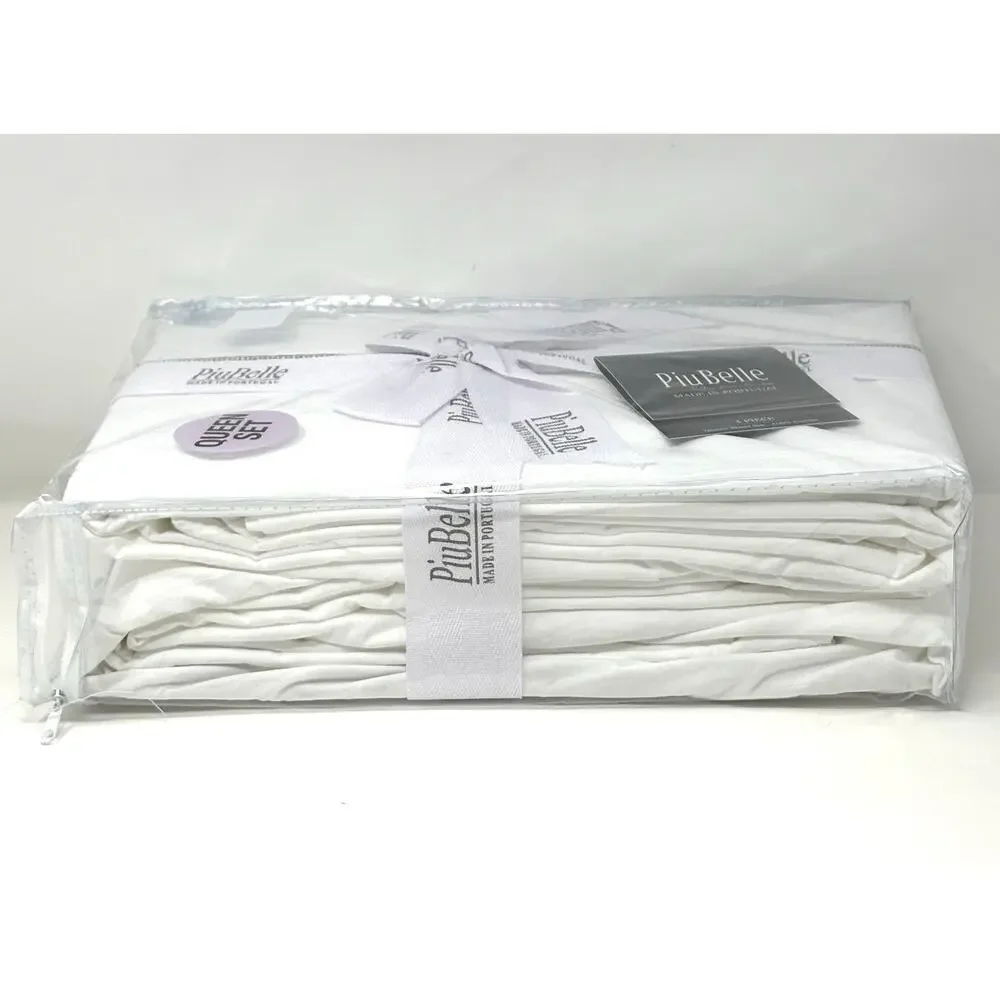 Piu Belle White Queen Sheet Set 100% Cotton Olive Green Hemstitch Border Trim